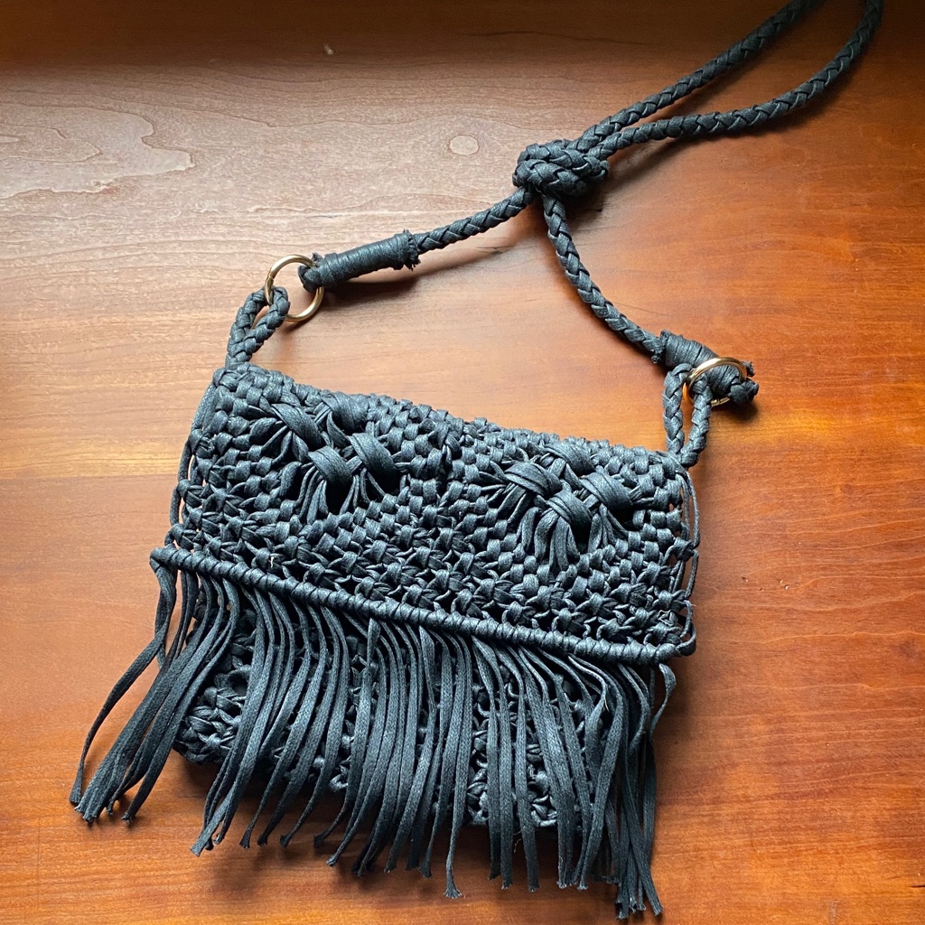 Elegant Black Woven Crossbody Bag With Fringe
